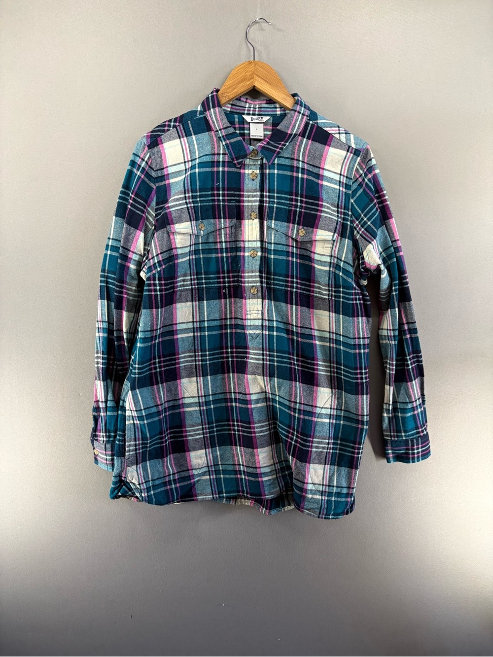 Duluth Trading Company Plaid Flannel Shirt Women's Size L Teal Pink Long Sleeve